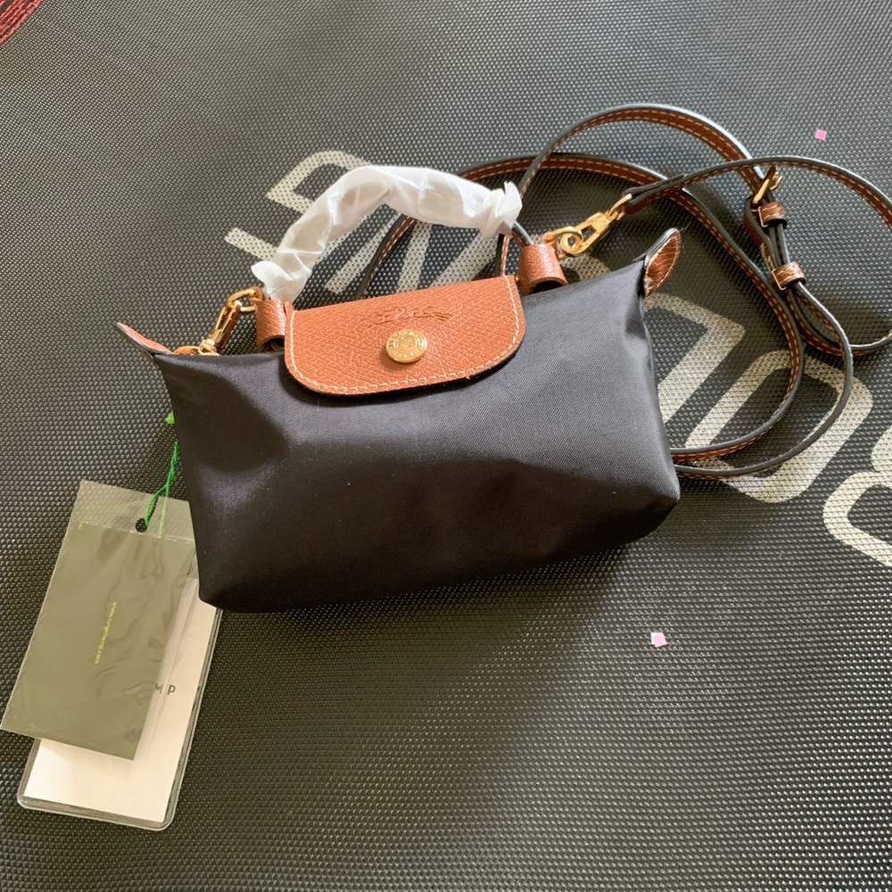 Longchamp Black Crossbody with Brown Leather Trim and Gold Hardware